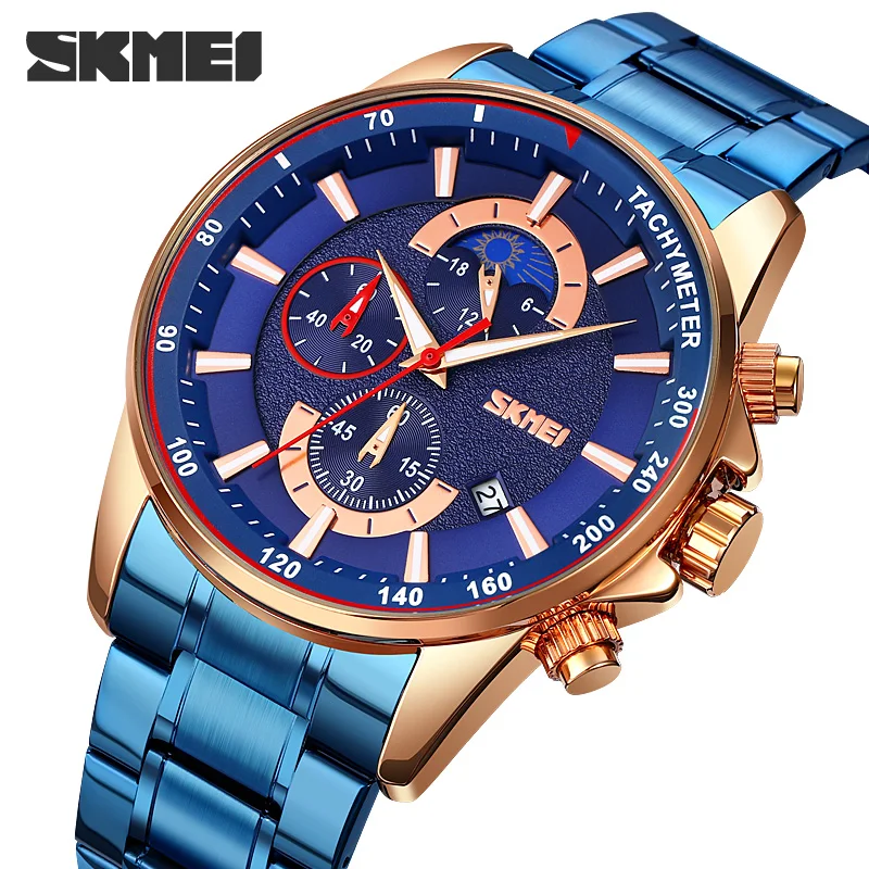 

SKMEI Quartz Watch Men Top Brand Stainless Steel Wristwatch Luxury Business Bracelet Moon Phase Stopwatch Watches Mens Clock