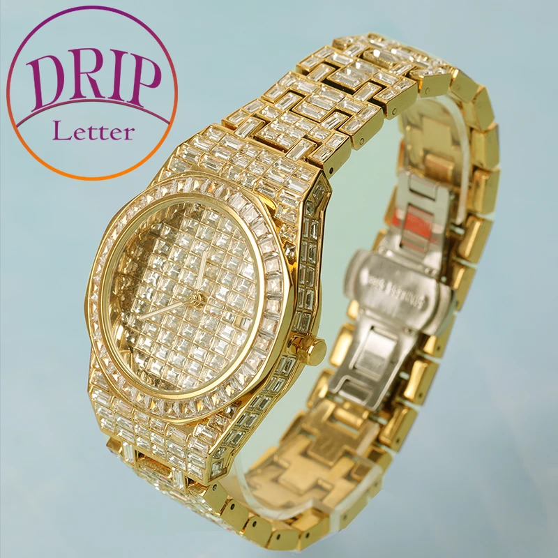 Drip Letter Proud Watch for Men Waterproof Glow In Dark Baguette Quartz Ice Real Gold Plated Hip Hop Jewelry Free Shipping Items