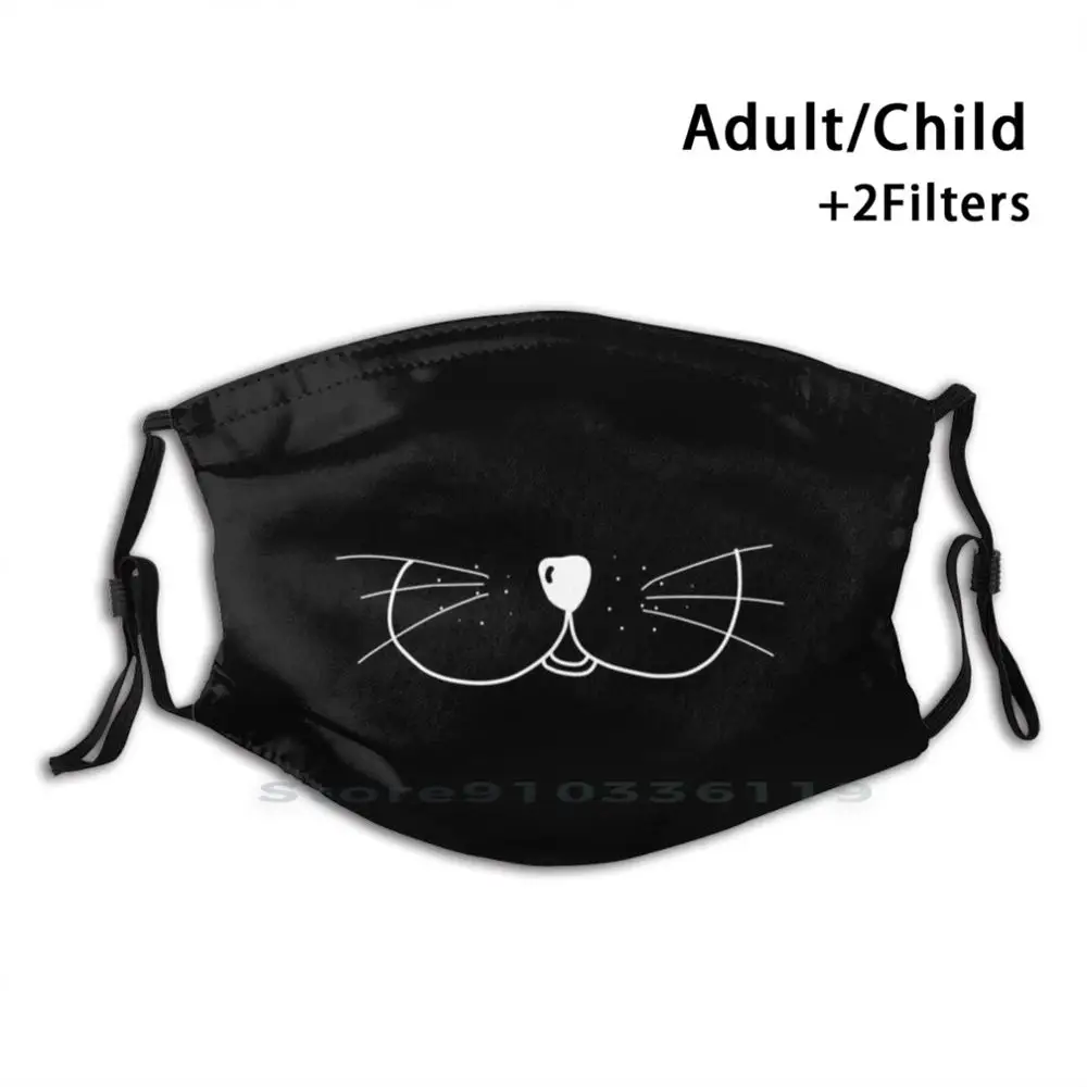 

Cat Whiskers Mask , White Doodle One Black Fabric Mouth Adult Kids Washable Funny Face Mask With Filter Whiskers Cat Funny