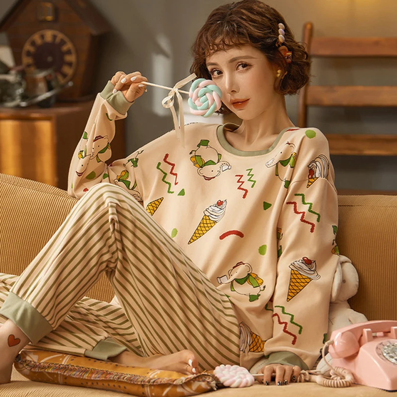 

SLPBELY Cartoon Women Pajamas Set Homewear Spring Long Sleeve Lovely Ice Cream Girls Pyjamas Nightwear Sleepwear Home Clothing