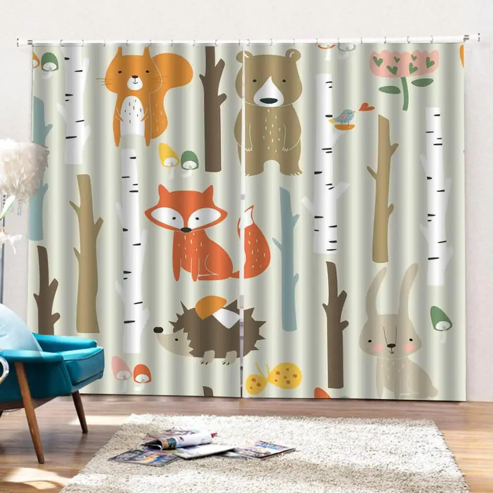 Занавески для детской комнаты с изображением животных лисы медведя кролика