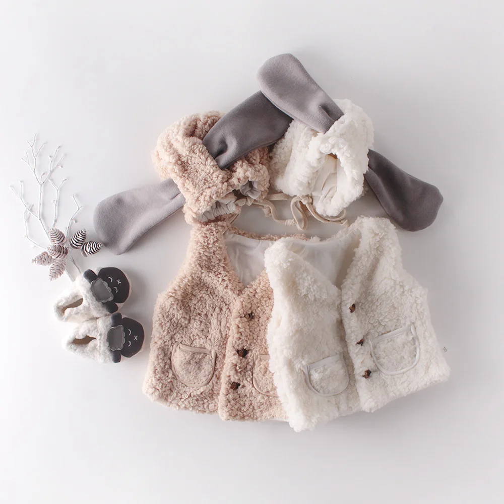Baby Girls Boys Vest Warm Fleece Coat Kids Sleeveless Jacket Outerwear Children's Clothing With Sheep Ear Hat LZ704 | Детская одежда