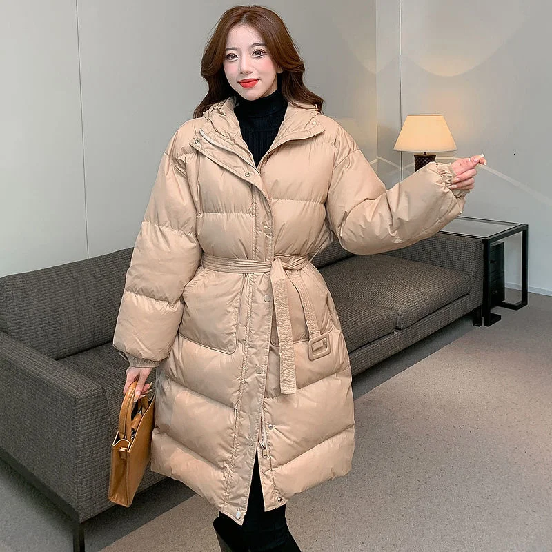 

Womens Winter Coat New Medium Long Jacket Korean Loose Hooded Sashes Knee Thicken Warm Cotton Outerwear Ladies