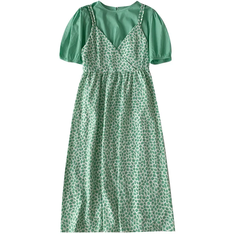 

Kimutomo Floral Dress Sets Women Casual Short Sleeve Solid Top + Printed Camis Dresses Summer Korean Fashion 2 Piece Suit