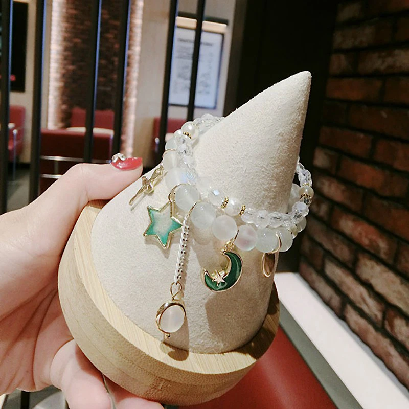 New 2pcs/set Moon Star Pink/Green/Purple Crystal Bracelets Set Korean Summer Fashion Bracelet for Women Girls Jewelry YBR310 - купить по