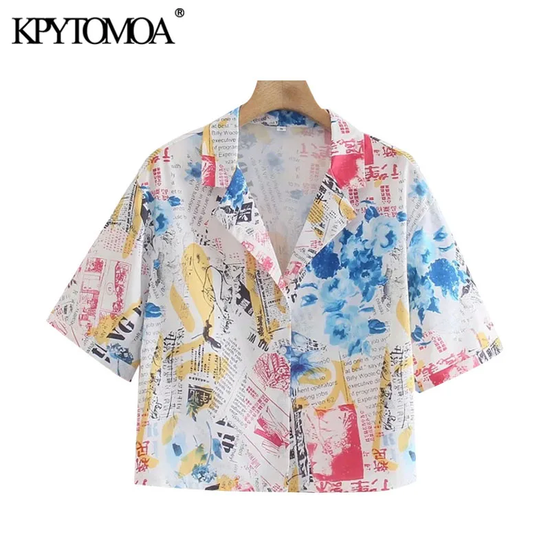 

KPYTOMOA Women 2021 Fashion Button-up Printed Blouses Vintage Lapel Collar Short Sleeve Female Shirts Blusas Chic Tops