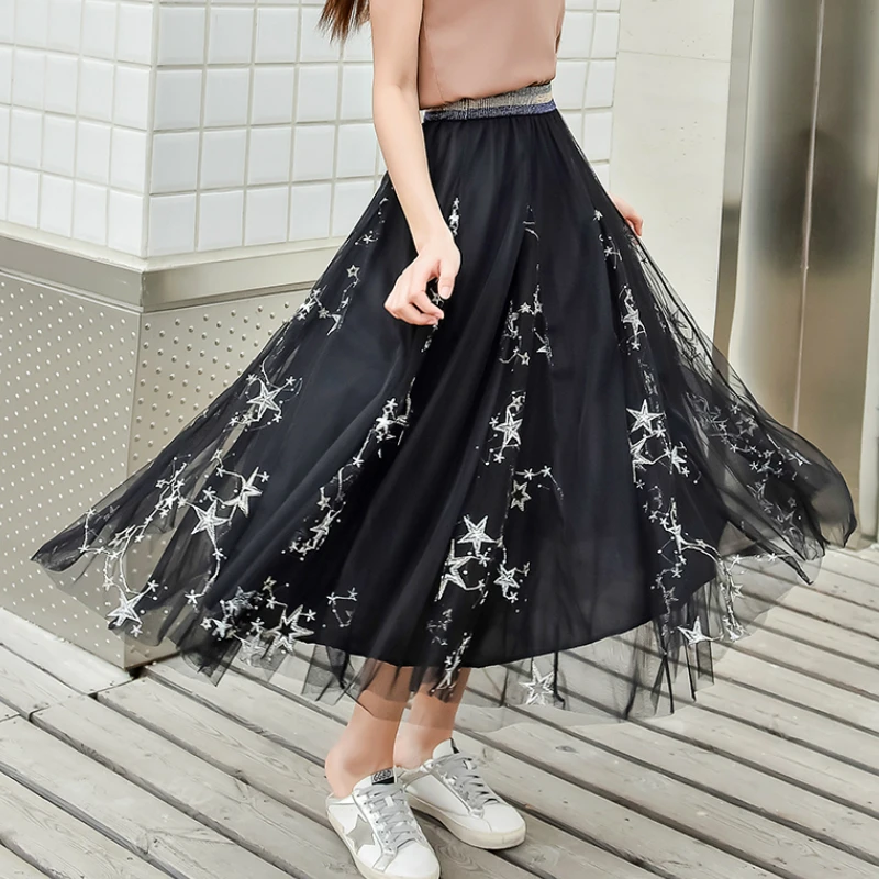 Длинная фатиновая юбка до щиколотки со Звездной вышивкой металлик звездами и