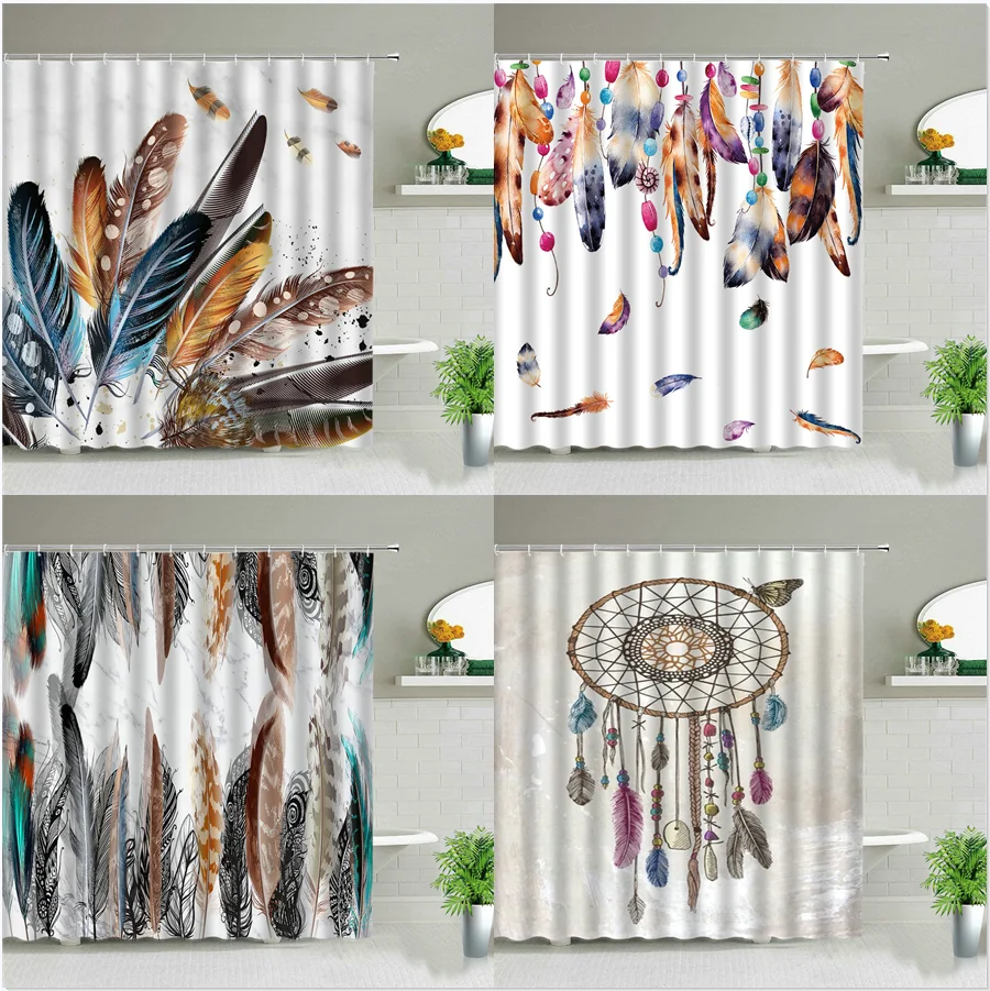 

Colorful Dream Feathers Shower Curtain Set Peacocks Flower Butterfly Waterproof Bath Curtains Fashion Bathtub Decor With Hooks