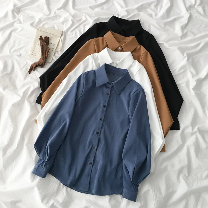 

Женская блузка с длинными рукавами, однотонная Свободная рубашка с рукавами-фонариками в Корейском стиле, весна-осень