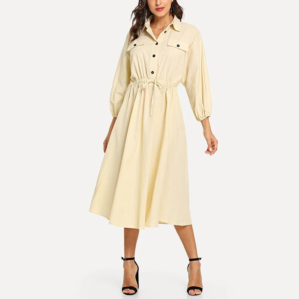 Bikitique костюм с рукавами фонариками воротник пояс пуговица Повседневное платье