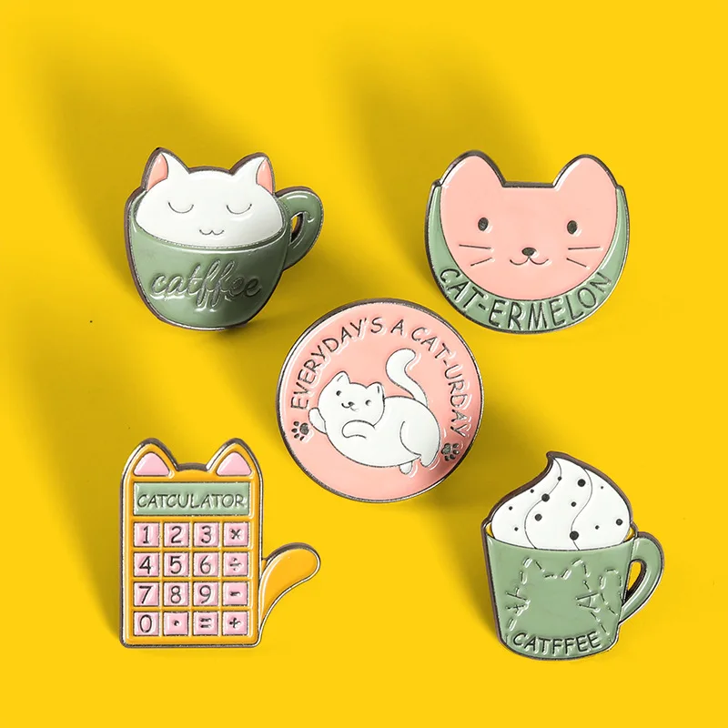 

Cartoon Cat Enamel Pins Badge Calculator Coffee Cup Brooches for Women Cute Animal Lapel Pin Bag Anime Jewelry Gift Wholesale