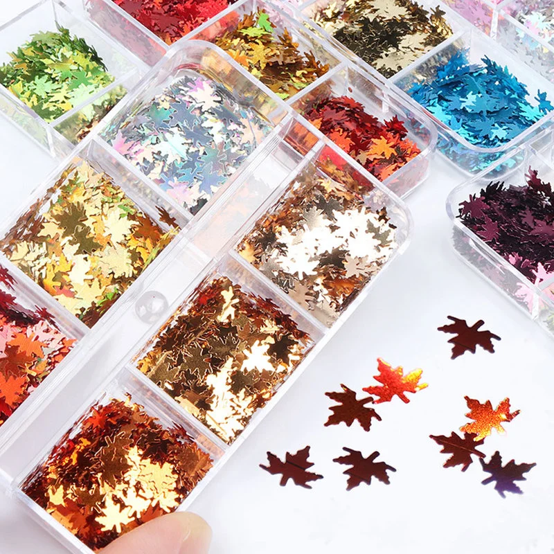 

6 Grids Holographic Maple Leaves Nail Art Glitter Sequins Laser Maple Leaf Paillette Flake Autumn Manicure 3D Nails Decoration