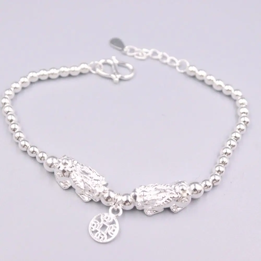 

Real 999 Silver Bracelet For Women Girl Female Double Pixiu Dragon Son Coin Charms Women's Bracelet Link 7.5''L