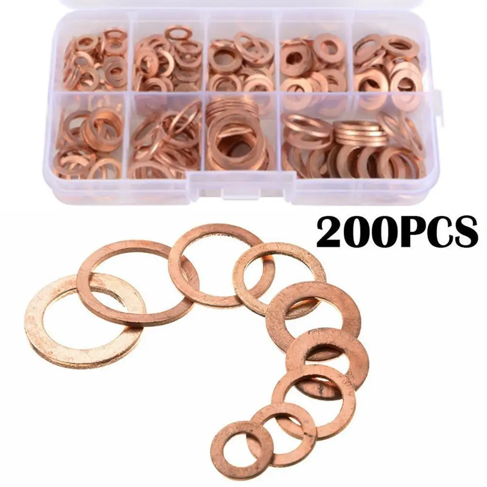 

200Pcs copper Washer Gasket Nut and Bolt Set Flat Ring For Sump U5N9 Box with Seal M5/M6/M8/M10/M12/M14 Kit Assortmen Plugs A2O8