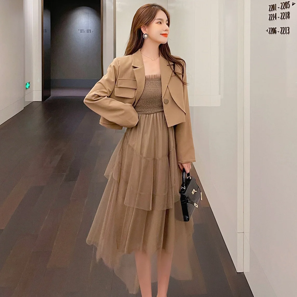 

Женский комплект из двух предметов, однотонная короткая куртка с отложным воротником и длинным рукавом и эластичное Сетчатое платье на лямках, Осень-зима