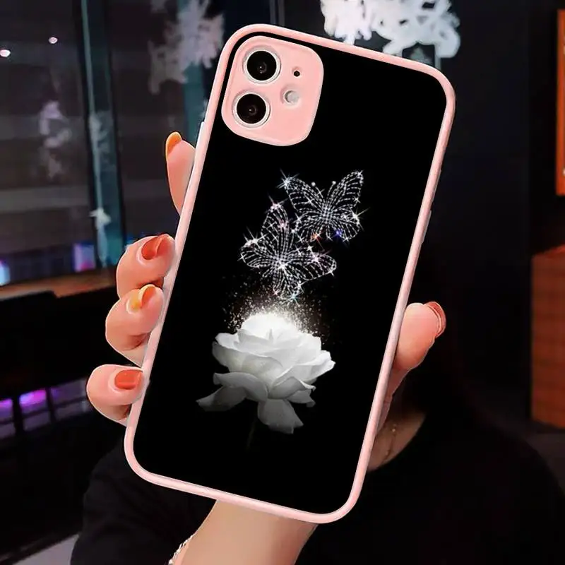 

White Rose Phone Case Matte transparent For Pink iPhone 12 Mini 11 Pro XR XS Max 7 8 Plus X Back Cover