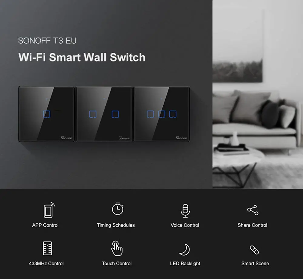 Смарт выключатель SONOFF T3EU TX настенный с поддержкой Wi Fi и сенсорным