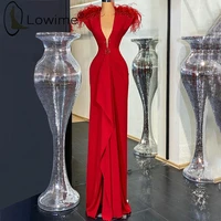 3 styles red feathers evening dresses 2021 elegant long beaded evening gowns robes de soiree prom party dress for women