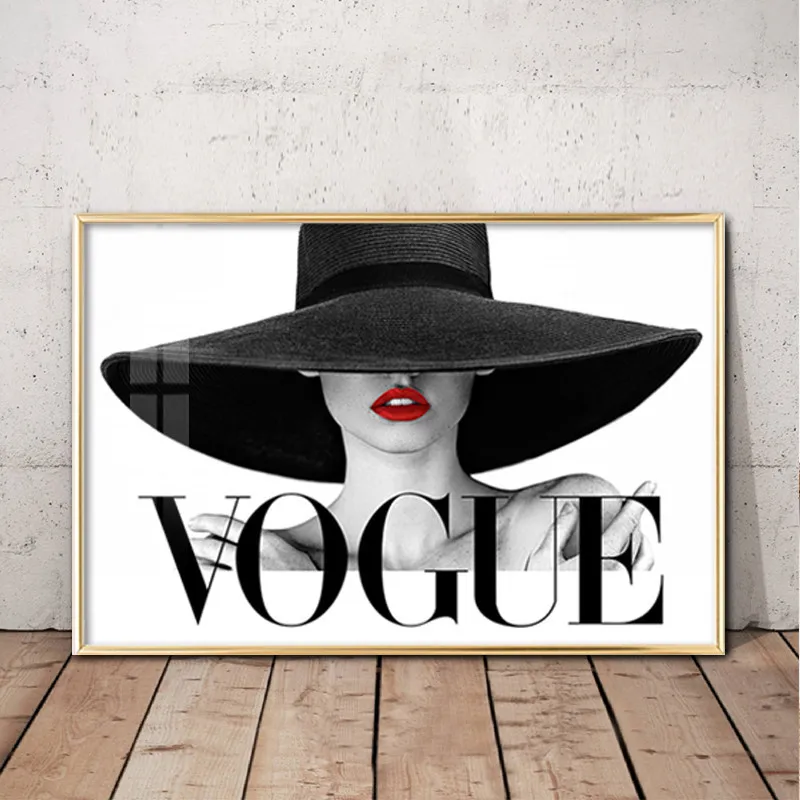 

Fashion Women Wall Art Poster Black Hat Sexy Red Lip Canvas Painting Modern Vogue Black White Picture For Living Room Home Decor