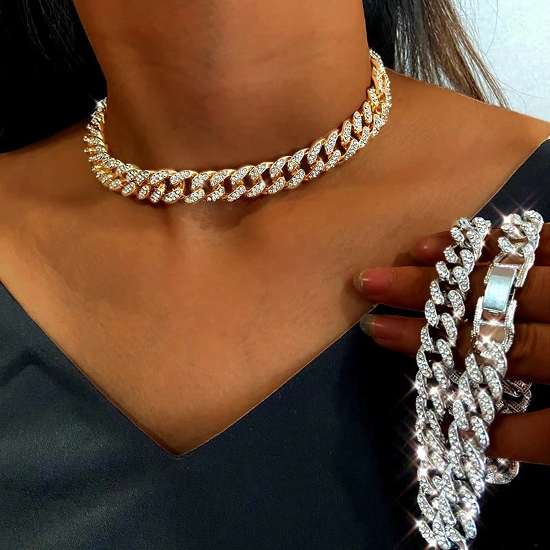

Miami Cuban Link Chain Gold/Silver Color Choker Necklace Female Iced Out Bling Bling Rhinestone Necklace HipHop Jewelry Necklace