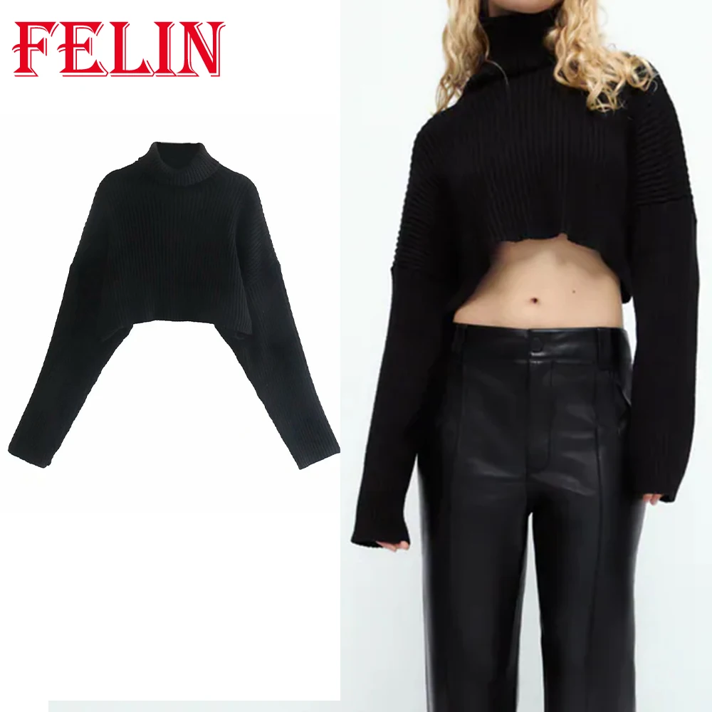 

Женская винтажная водолазка Za, черный Укороченный трикотажный свитер с длинным рукавом, пуловер с пупком, 2021