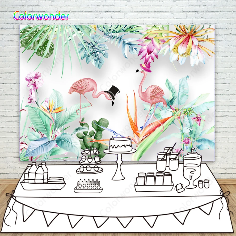 Белый фон тропические листья с цветами 7x5 футов розовые Фламинго шляпами