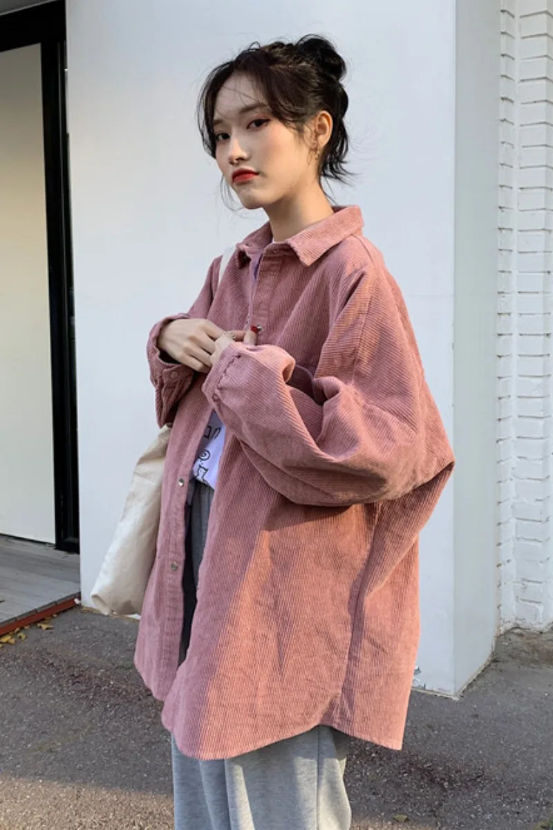 

Spring Autumn Streetwear Corduroy Shirts Women Casual Turn-down Collar Lantern Sleeve Patchwork Girls Loose Blusas Clothing Tops