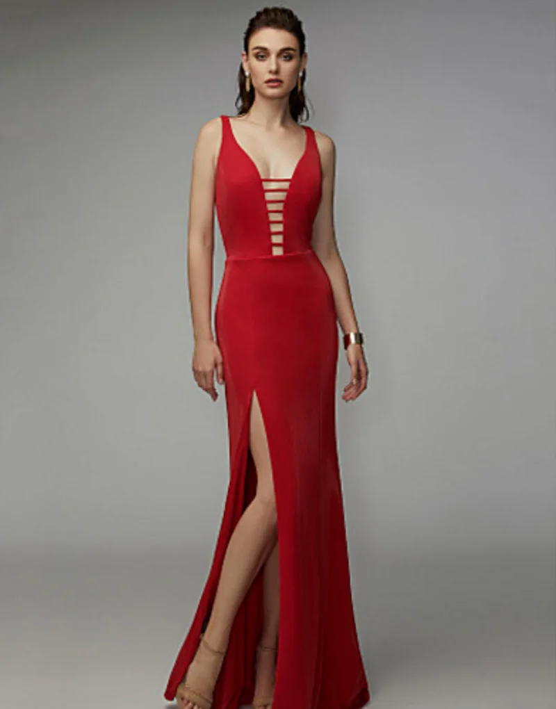 

21 luxury quality women's high-end deep V banquet dress fashion sexy backless temperament side fork Bridesmaid red evening dress