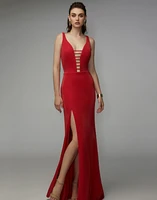 21 luxury quality womens high end deep v banquet dress fashion sexy backless temperament side fork bridesmaid red evening dress