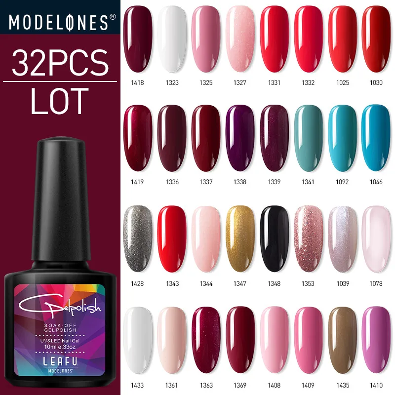 

Modelones 32Pcs/Lot Gel Nail Set Red Color Series Soak Off Base Top Gel Lacquer Long Lasting Nail Art Painting Gel Polish Kits