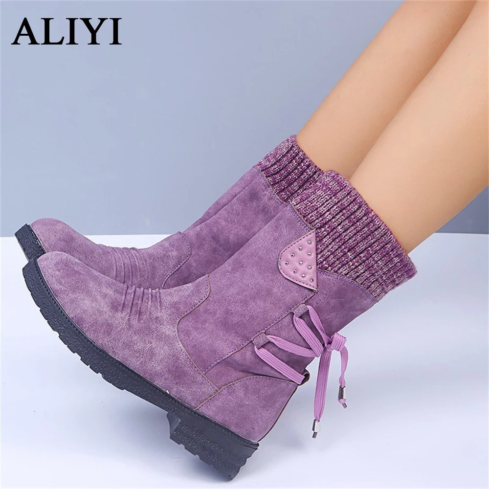 

Women's Winter Boots 2021 Retro Lace Up Mid Calf Ladies Warm Shoes 35-43 Big Size Low Heel Waterproof Female Warm Snow Boots