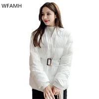 winter 2021 new style v neck fashion simple single breasted belt waist slim cotton short coat women cotton polyester solid