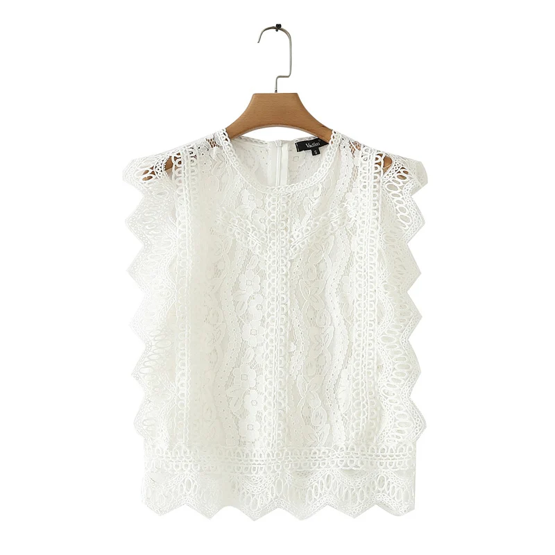 Женский милый Кружевной укороченный топ без рукавов с круглым вырезом