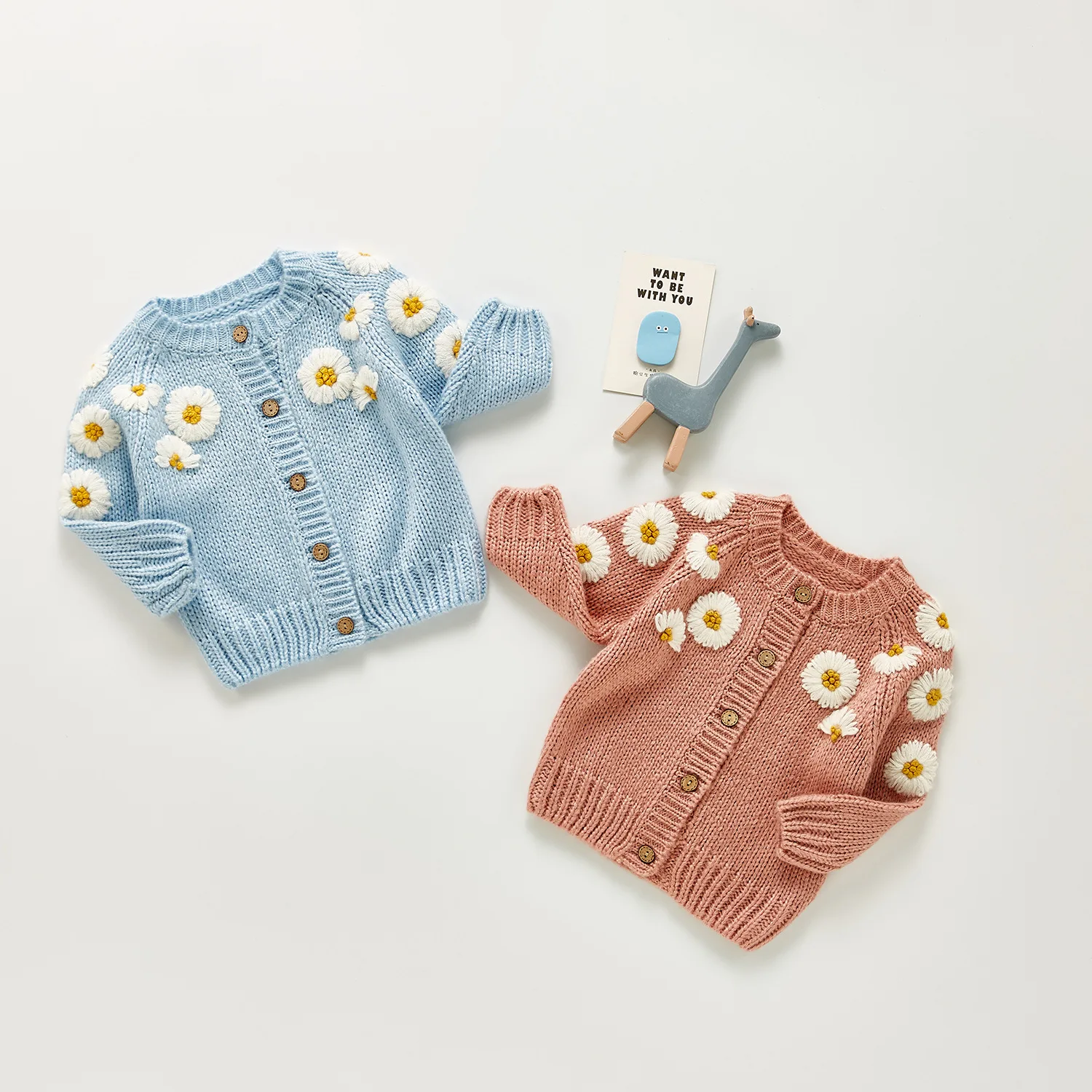 

Autumn Toddlers Knitted Cardigans Baby Girls Daisy Embroidery O-Collar Long Sleeve Single-breasted Sweaters Casual Tops Knitwear