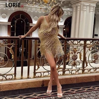 lorie rose gold feathers short prom dresses sexy v neck mini evening party dress beading straps vestidos de gala abendkleider