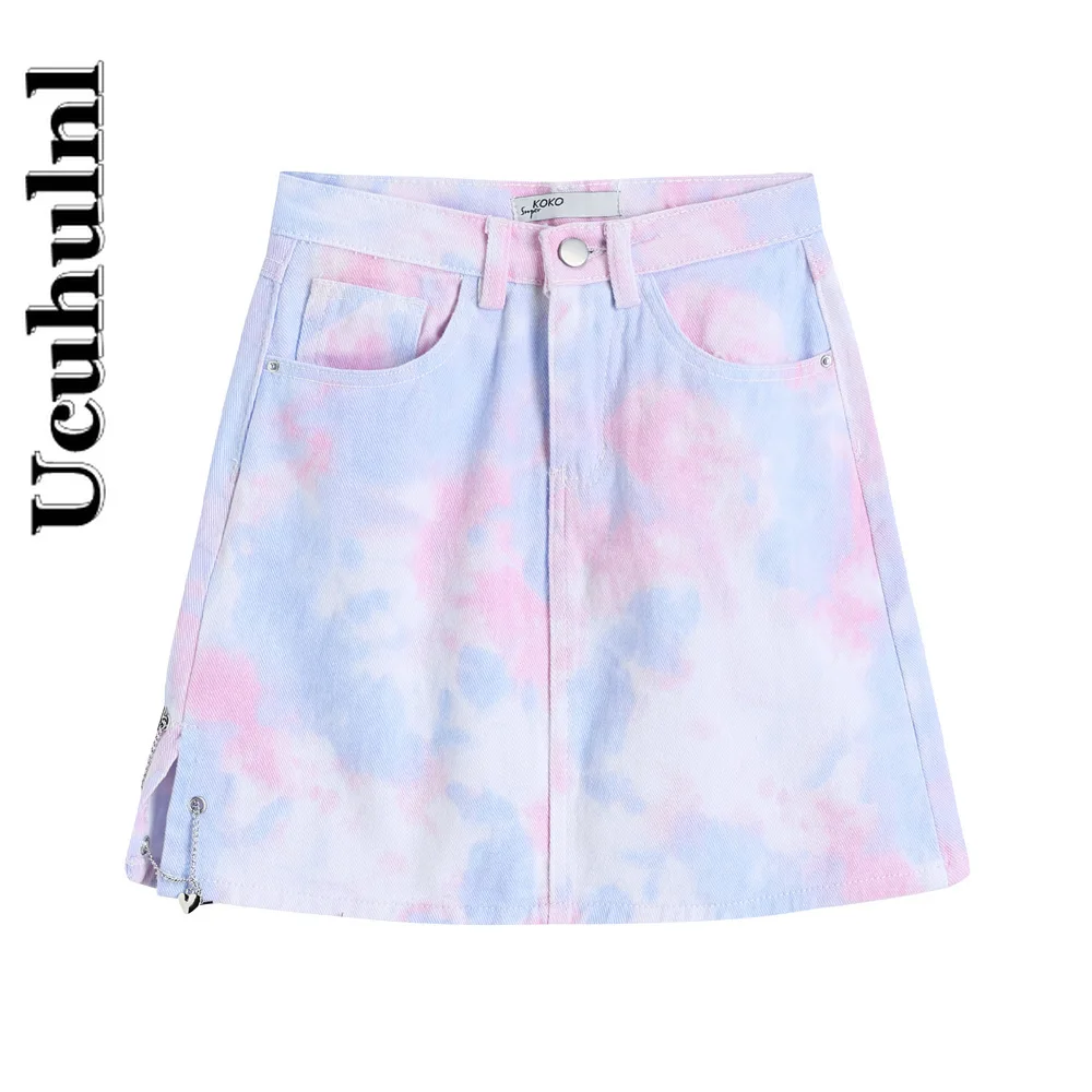 

Ucuhulnl Summer 2021 New Korean Ins Vitality Girl Vintage Tie-dye Pattern A-Line Skirt Streetwear High Waist Casual Women Mini