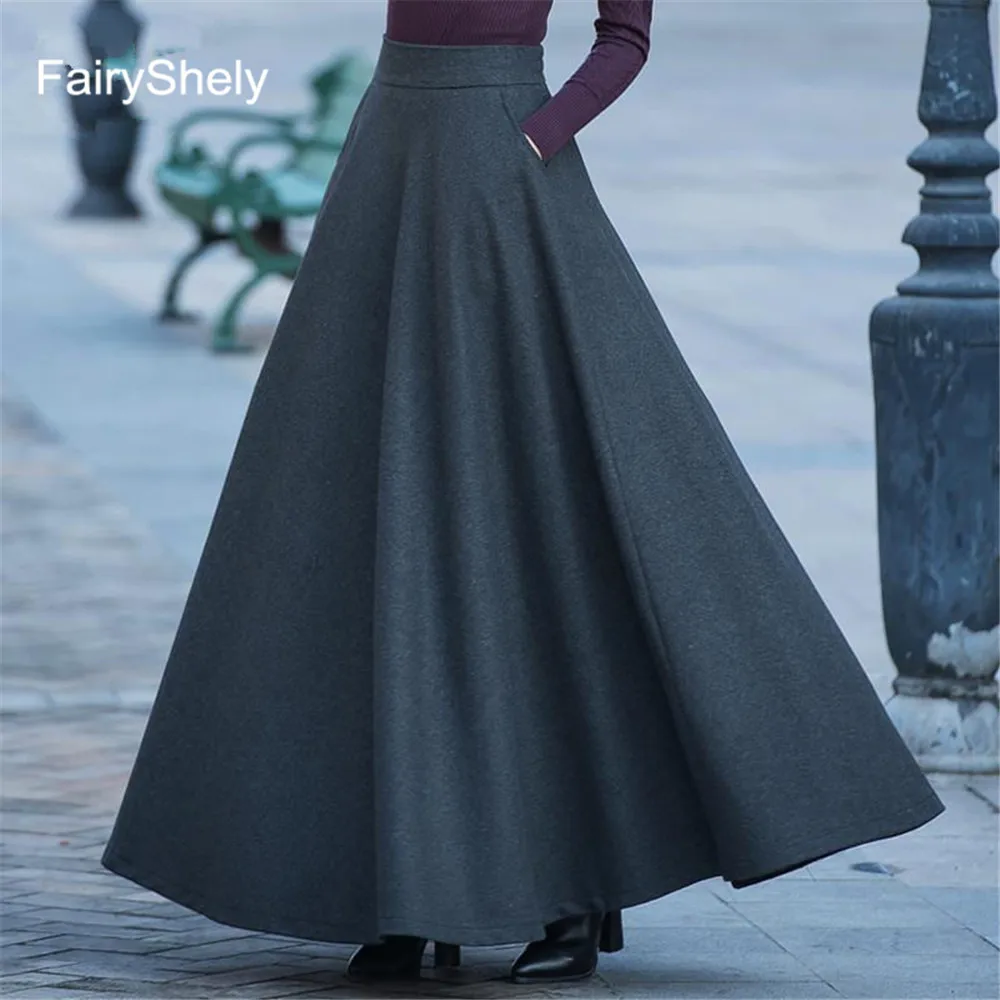 FairyShely 2020 осень-зима ретро плиссированная юбка с высокой талией, женская повседневная шерстяная Макси-юбка с карманами, женская красная длин... от AliExpress RU&CIS NEW