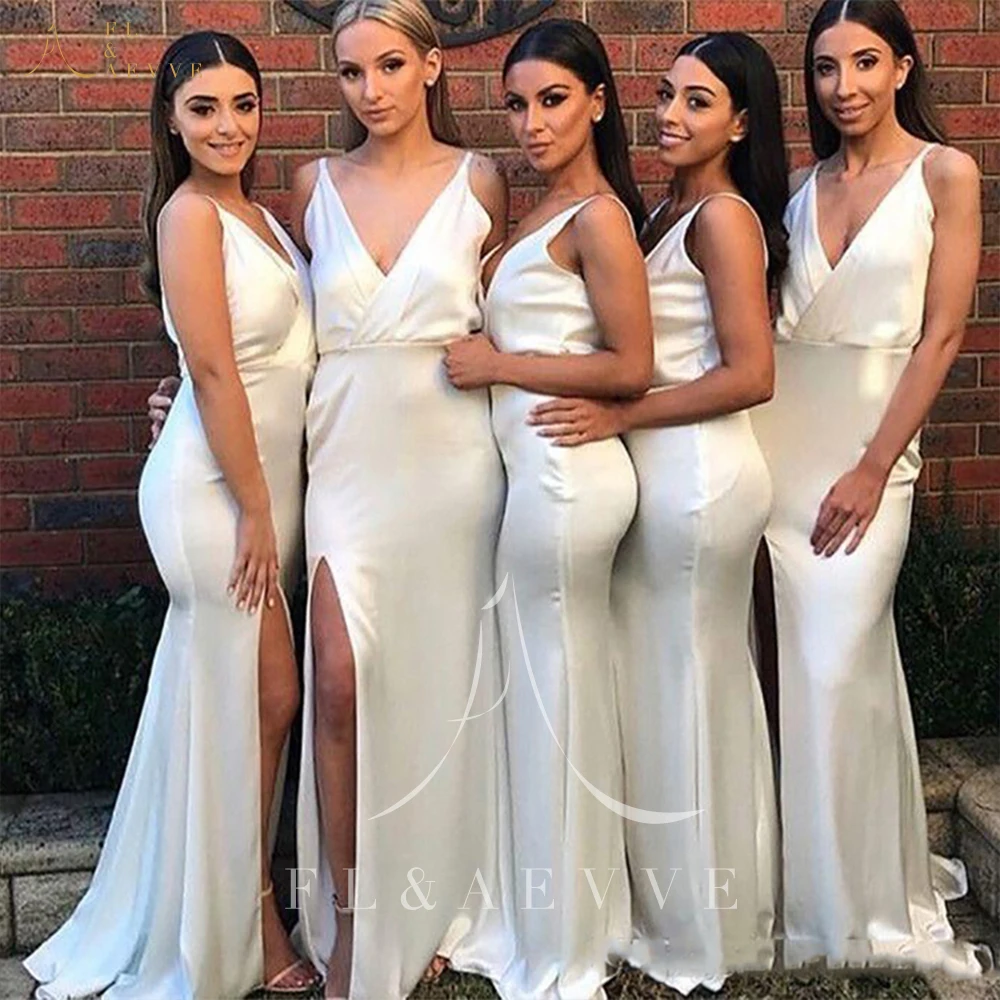 

Sexy White Elastic Satin Deep V-neck Bridesmaid Dresses Side Split Mermaid Wedding Party Gowns Formal Dresses Plus Size