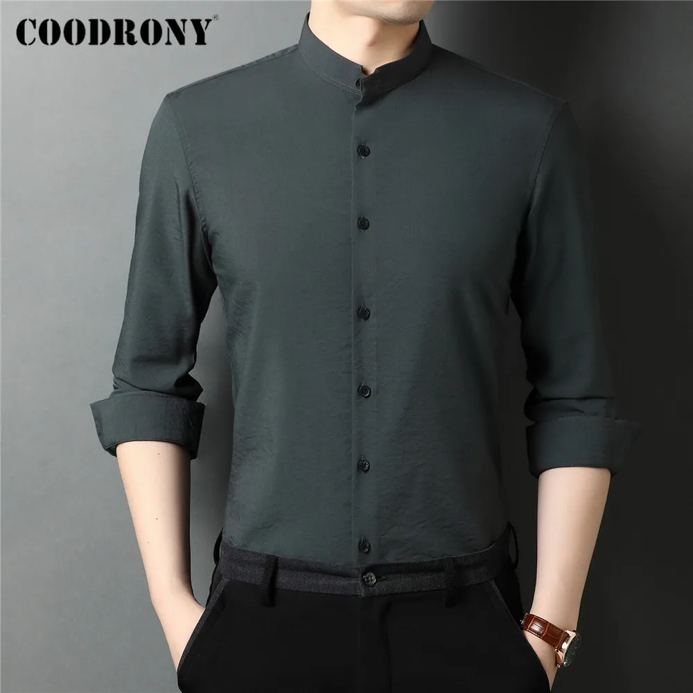 

COODRONY Brand Spring Autumn Pure Color Stand Collar Social Dress Business Casual Slim Fit Long Sleeve Shirt Men Clothing C6119