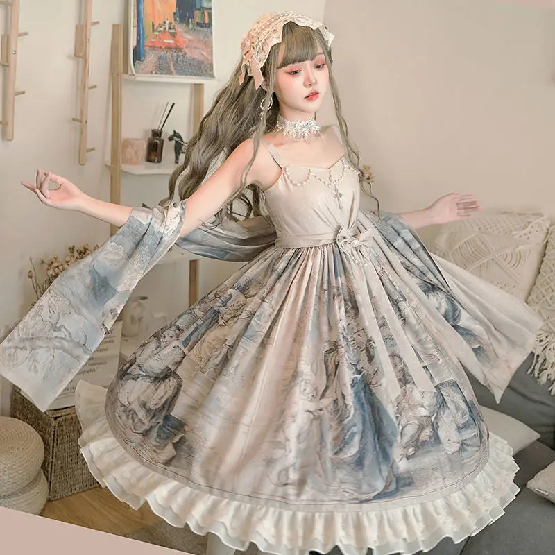 

Vintage Princess Lolita Dress Set with Shawl Hairclip Women Teens Medieval Goth Lolita Dress