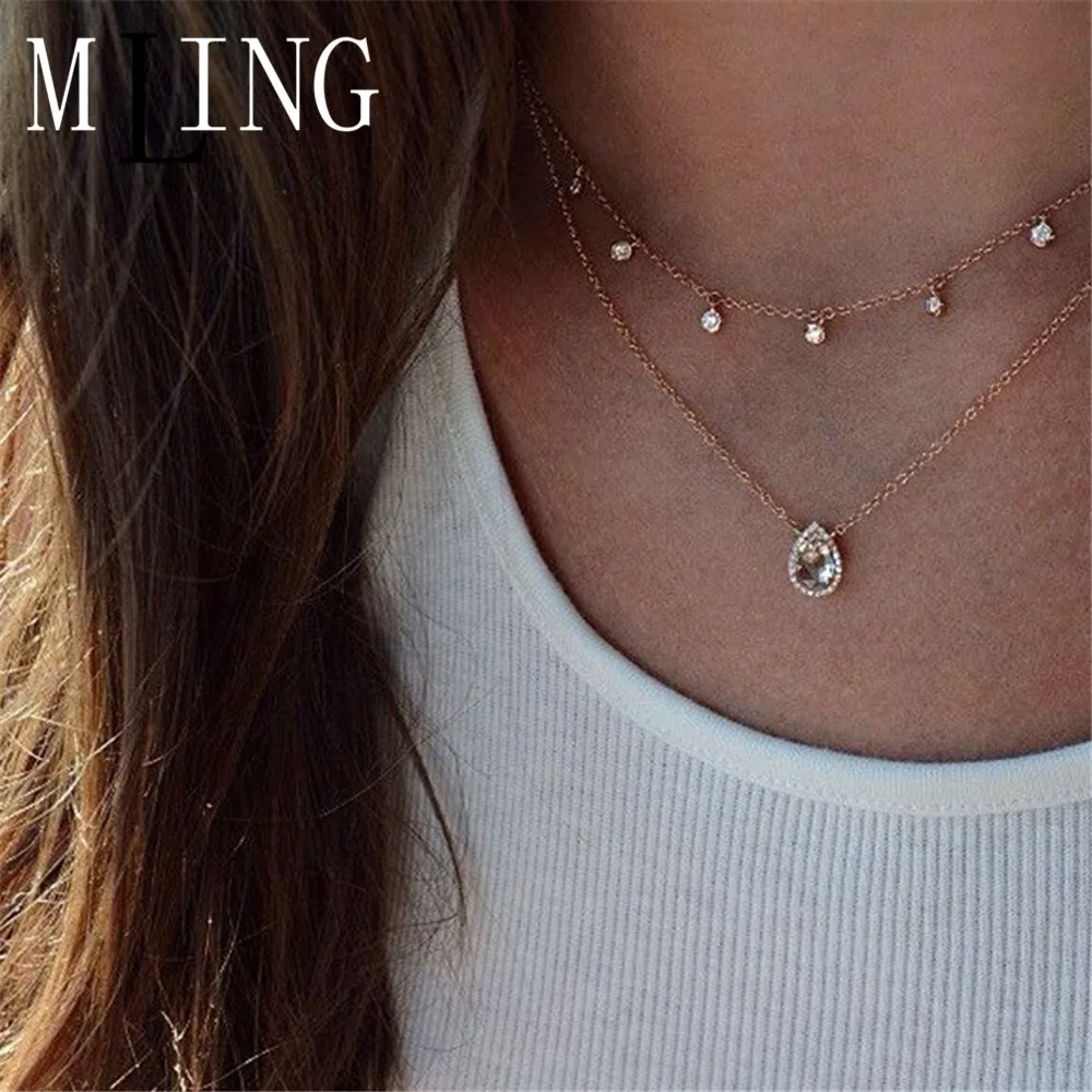 Винтажное Золотое двойной слой кристаллов Ожерелье чокер богемное простое Капля