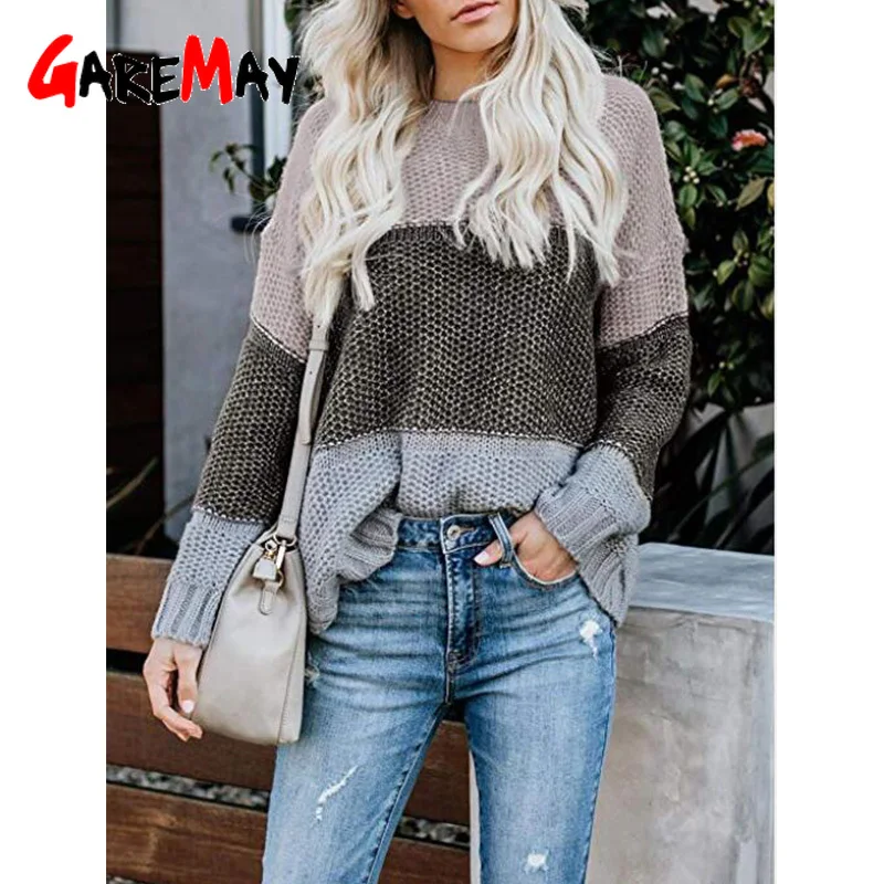 Повседневный вязаный свитер с цветными блоками женский джемпер осенние