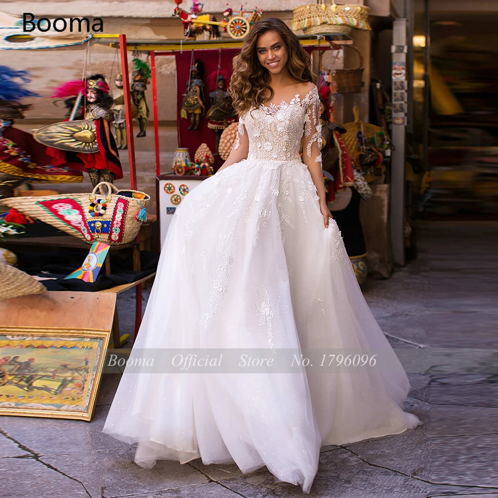

Booma 2020 Elegant Lace Appliques Beach Wedding Dresses with Long Sleeve Vintage Shiny Tulle Boho Princess Wedding Party Gowns