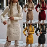womens fashion autumn and winter thick warm long sleeve soild color slim fit plus size women sweater dress