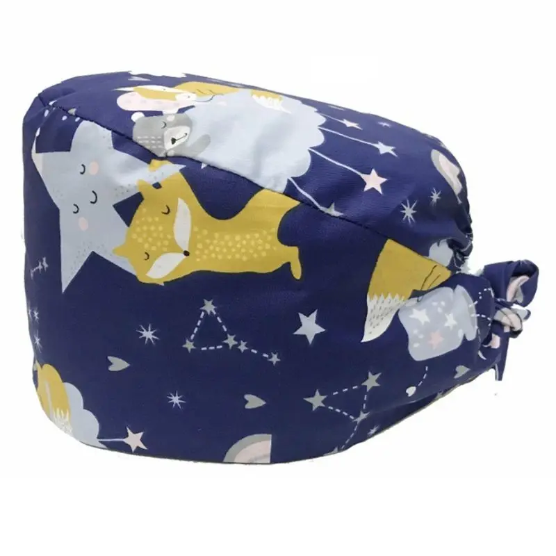 

Unisex Cotton Scrub Cap Cartoon Floral Animal Printed Adjustable Tie Back Dentist Bouffant Working Hat with Sweatband