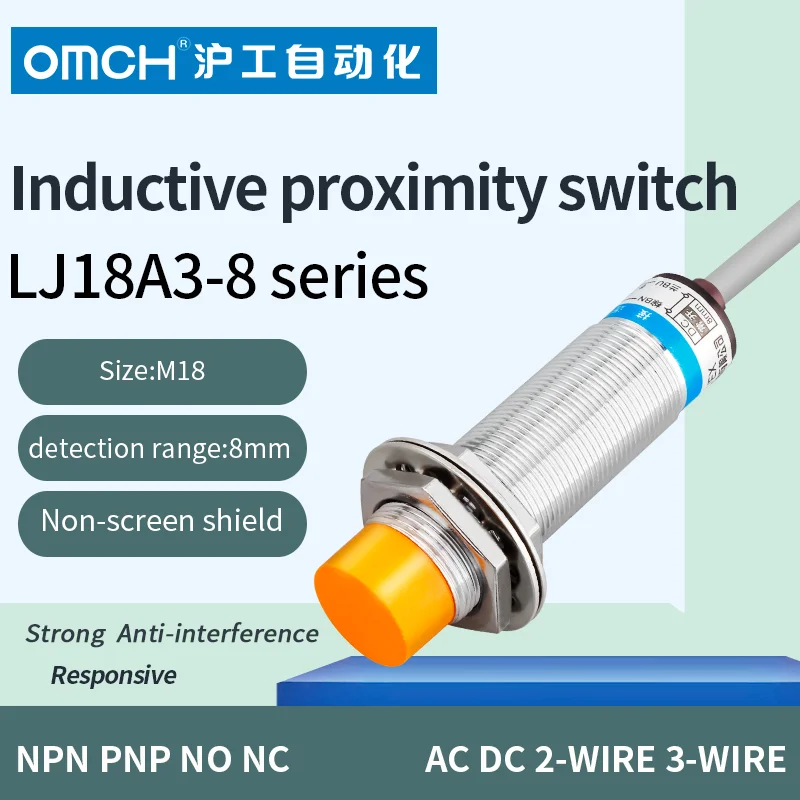 

OMCH M18 non-flush metal inductive proximity switch sensor switch NPN NO PNP NC detection range 8mm AC90-250V DC6-36v