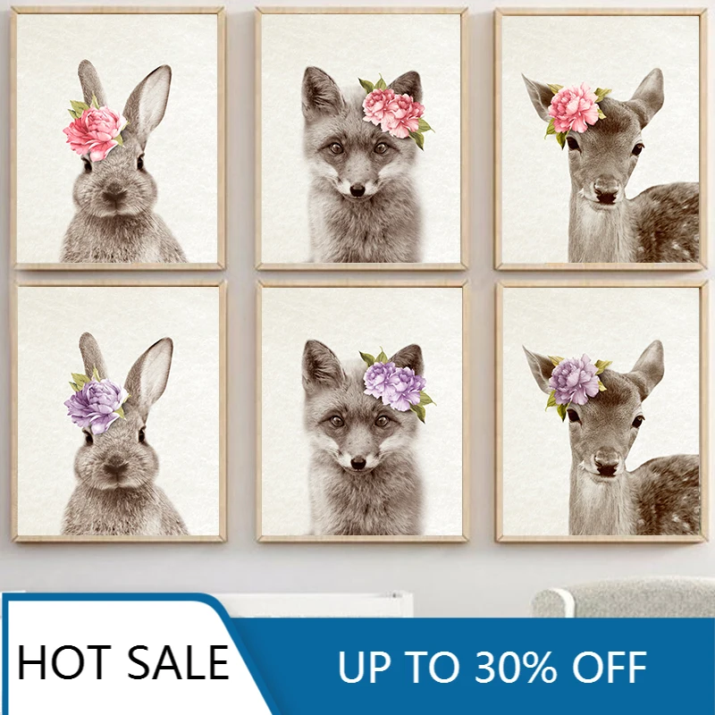 Цветы лиса лось кролик Настенный декор постеры на холсте с изображением лесных