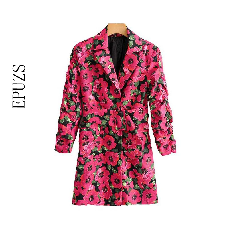 Винтажный цветочный блейзер с поясом Женский Длинный пальто осенние женские