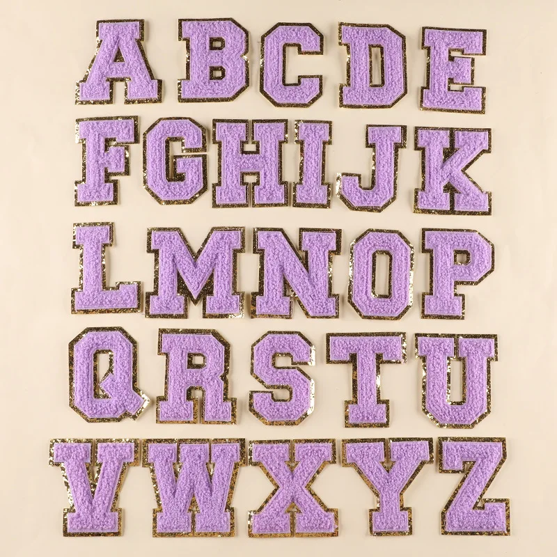 

Prajna Glitter Towel English Alphabet Purple Chenille 26 Letters Patches Sew on Embroidery Badge DIY Sewing Accessories Applique