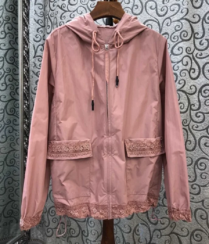 

2021 Hooded Jacket Spring High Quality Bomber Jacket Women Lace Patchwork Long Sleeve Zipper Coat Khaki Dark Blue Pink Outerwear